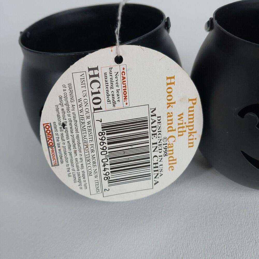 2 VTG Halloween Candle Holders Pumpkin Black‎ Metal Caldron Jack-O-Lantern 3" - Picture 4 of 7
